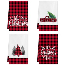 Ohok Pack of 4 Christmas Towels 45 x 65 cm, Fashion Decoration Kitchen Towels Santa Claus Tea Towels Soft Microfibre Cloths for Bathroom Kitchen Drying Towel Christmas Decoration (Set N)