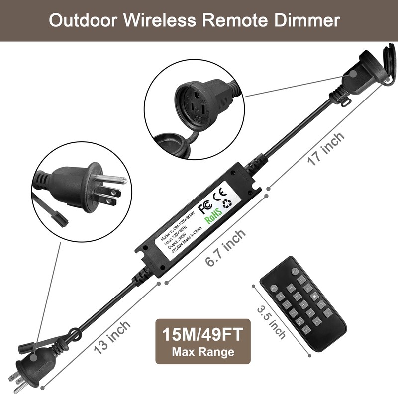 Banord Outdoor Plug-in Dimmer Switch with Wireless Remote Control, 360W