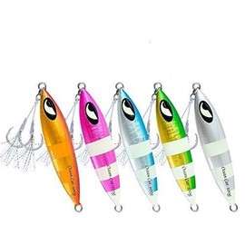 OCEAN CAT 5 PCS Slow Fall Pitch Lead Metal Flat Fishing Jigs Lures Sinking Vertical Jigging Bait with Butterfly Hook for Saltwater Fishing (Each Color 1 pc (5pcs), 250g)