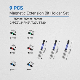 WojBear 3 PCS Magnetic Extension Bit Holder Set, 3 * 75mm Drill Bit Holder for Impact Driver with 6 PCS Screwdriver Bits, 2*PZ2 2*PH2 T20 TT20