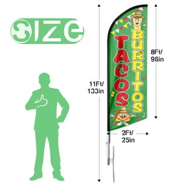 Tacos Burritos Advertising Swooper Flag Banner, Tacos Burritos Feather Flag with Flag Pole and Ground Stake, 11Ft Advertising Feather Banner Sign for Tacos Burritos Business