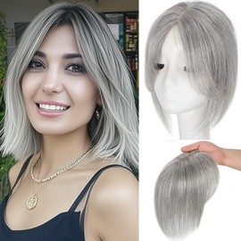 Hair Toppers for Women Real Human Hair, 360°3D Topper for Women with Thinning Crown Middle Clip in Bangs Breathable Hand Tied Craft Big Coverage Hairpieces (Gray, 12 Inch-3D-Side)