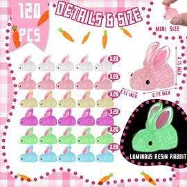 Barydat 120 Pcs Easter Luminous Mini Resin Bunny Bulk Glow in The Dark Small Tiny Rabbit Bunny Figurines Easter Egg Fillers for DIY Garden Landscape Potted Dollhouse Decor Party Favors