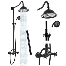 gotonovo Exposed Oil Rubbed Bronzed Shower Faucet Set Complete Shower System 8 Rain Shower 2 Double Knobs Cross Handle Dual Function Shower Fixture Combo Unit Set 12Inch Extension Tube Include