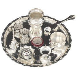 BENGALEN Silver Plated Pooja thali Set 9.5 Inch with Plate Kalash Palli Diya Kumkum Holder Bowl Dhup Dan Coin Ghanti Puja Thali for Diwali Home Mandir Office Wedding Return Gift Items