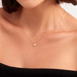 Gelin Real Diamond 10k Solid Gold Mini Butterfly Necklace for Women, 18 inch
