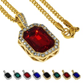 ZeaLian Hip Hop Necklace Iced Out Red Crystal Simulated Ruby Pendant Jewelry Gemstone Zirconia with Stainless Steel Cuban Chain Gold Plated for Men Women(Gold Red)