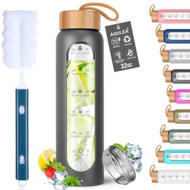 Aqulea Glass Water Bottles 32 Oz with Silicone Sleeve - BPA Free Reusable Wide Mouth Glass Motivational Water Bottles with Fruit Infuser – Leak Proof Borosilicate Water Bottle with Time Marker (Dark)