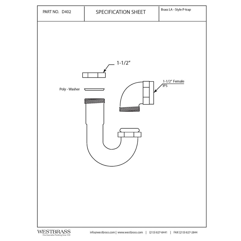 Westbrass D402LA-26 1-1/2" Brass LA Code P-Trap, Polished Chrome