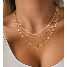 CHESKY Gold Layered Herringbone Necklaces for Women, Trendy 14K Gold Plated Paperclip Chain Necklace Stack Snake Cuban Link Chains Simple Chunky Toggle Clasp Necklace Set Fashion Jewelry