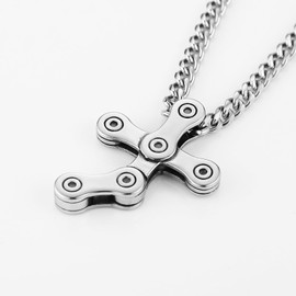 HZMAN Silver Cross Necklace for Men Hip Hop Stainless Steel Rotatable Bicycle Chain Men's Cross Pendant Necklace Jewelry Gift