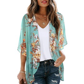 Ladies Chiffon Open Front Cardigan Printed Tops Solid Colour Kimono Bikini Cover up Blouse Shrug（Aqua Blue，2XL）
