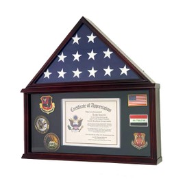 DECOMIL - Large Military Shadow Box Frame Memorial Burial Funeral Flag Display Case for 5' X 9.5' Flag, Solid Wood (Cherry)