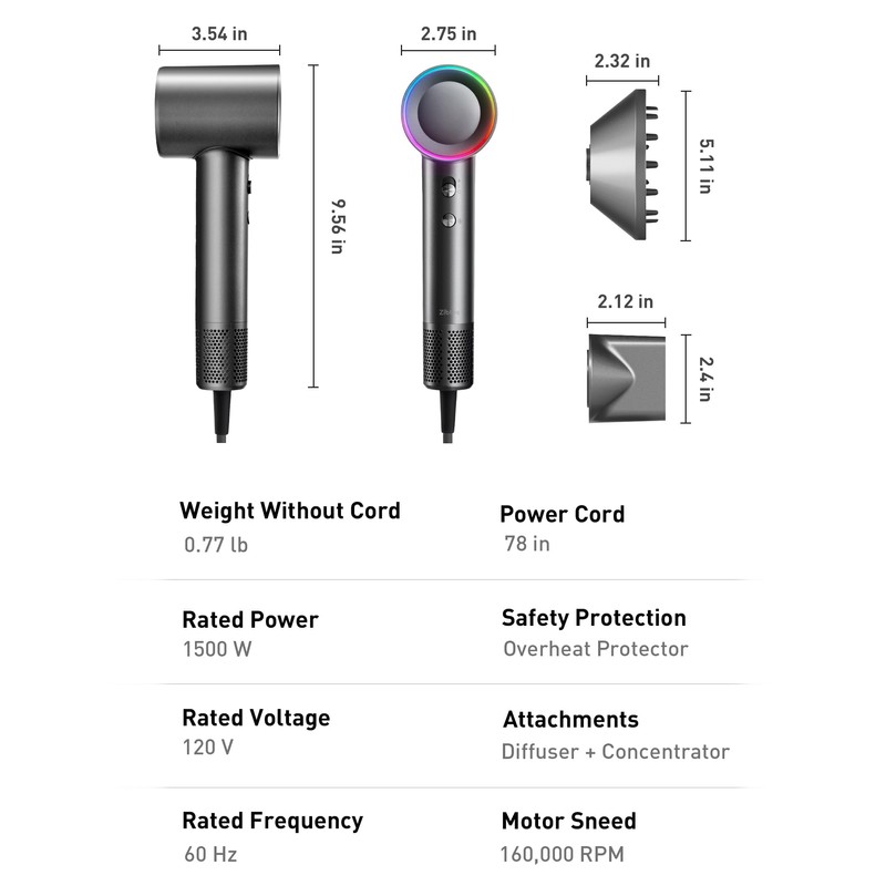 High-Speed Hair Dryer, 160,000 RPM Brushless Motor for Ultra-Fast Drying,500M