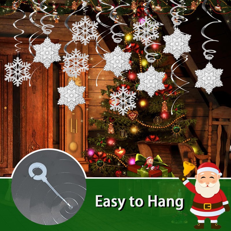 44 PCS Snowflake Christmas Hanging Swirl Decorations, Silver Snowflakes Plastic