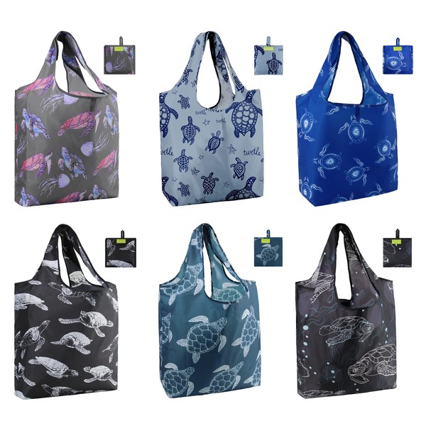 BeeGreen Reusable Grocery Bags 6 Pack Foldable Tote Bag For Women w Pouch Bulk X-Large 50Lbs Machine Washable Nylon Fabrics Grocery Bags Durable Waterproof for Men Shopping Bags Cute Tote Bag Turtles