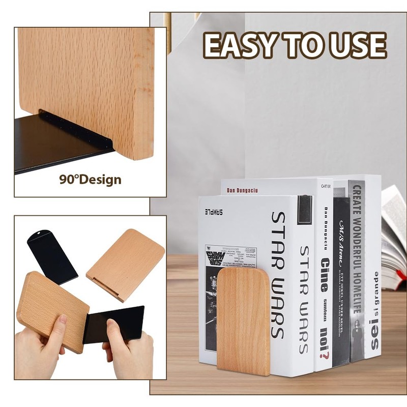 KARBAG Book Ends, 2 Pack Natural Bamboo Bookend Heavy Duty