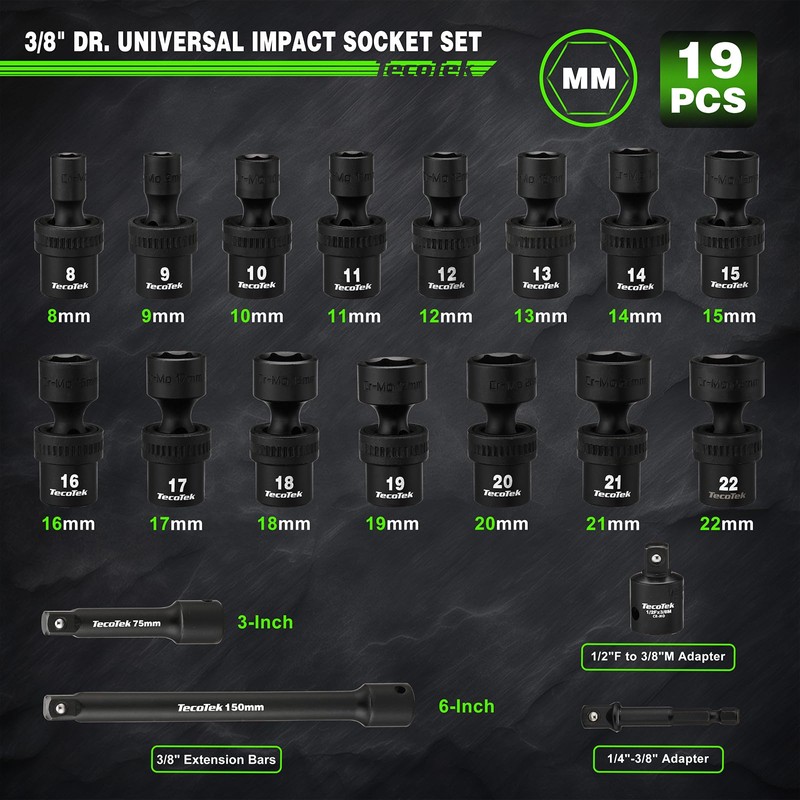 TecoTek 19 PCS 3/8" Drive Shallow Universal Impact Socket Set,