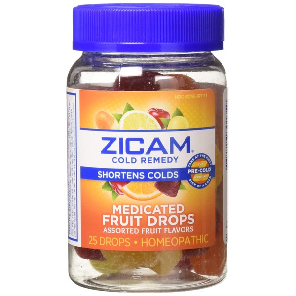 Zicam Cold Remedy Medicated Fruit Drops, Assorted Fruit, Homeopathic Cold Remedy, Clinically Proven to Shorten Colds When Taken at The First Sign of Symptoms, 25 Count (Pack of 2)