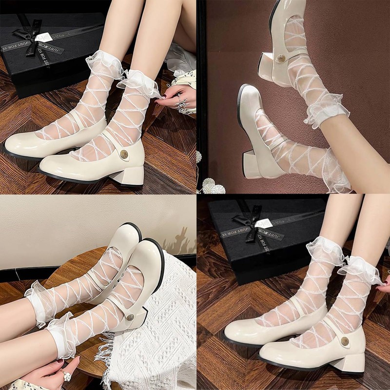 JK Home Women's Ruffle Socks, See-Through, Crew Length, Thin, No