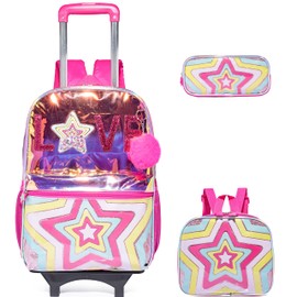 ZBAOGTW Star Rolling Backpack for Girls with Lunch Box Kids Backpack with Wheels for School Sequin Trolley Trip Rolling Backpack for Kindergarten Girls