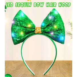 Uranian Light Up Sequin Bow Headbands Green Bow Hair Hoop LED Big Bows Headband Flashing Glitter Bowknot Hairbands Glowing Birthday Holiday Festival Party Headwear for Women