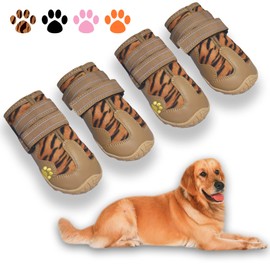 XSY&G Dog Boots,Waterproof Dog Shoes,Dog Booties with Reflective Strips Rugged Anti-Slip Sole and Skid-Proof,Outdoor Dog Shoes for Small Medium Large Dogs 4Pcs Leopard-Size 4