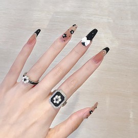 Press On Nails Coffin Press In Nails Black Flower Stick On Nails 3D Press On Nails White Bow Acrylic Fake Nails Handmade Press On Nails Presson Nails For Women 24pcs