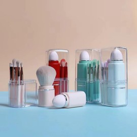 Portable eight in one makeup brush eye shadow powder blusher brush concealer makeup brush telescopic makeup set beauty brush tool (pink)