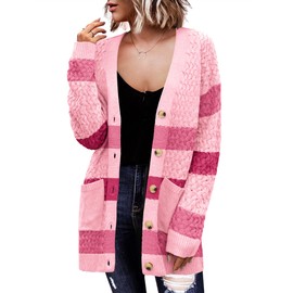 Zeagoo Womens 2024 Long Sleeve Chunky Cable Knit Fall Cardigans Sweaters Button Down Open Front Outerwear with Pockets Pink Colorblock Small