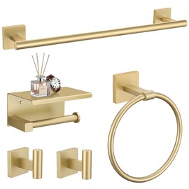 TURS 5-Pieces Brushed Gold Bathroom Hardware Set 23.6 Inch SUS304 Stainless Steel Towel Bar Set Wall Mounted Square Toilet Paper Holder with Shelf