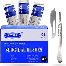 VISION TEK MED Pack of 100 Blades #21, Scalpel Blades for Knife Scalpel, High Carbon Steel Dermablade Blades. Individually Wrapped, Sterile + Free 1 Handle #4