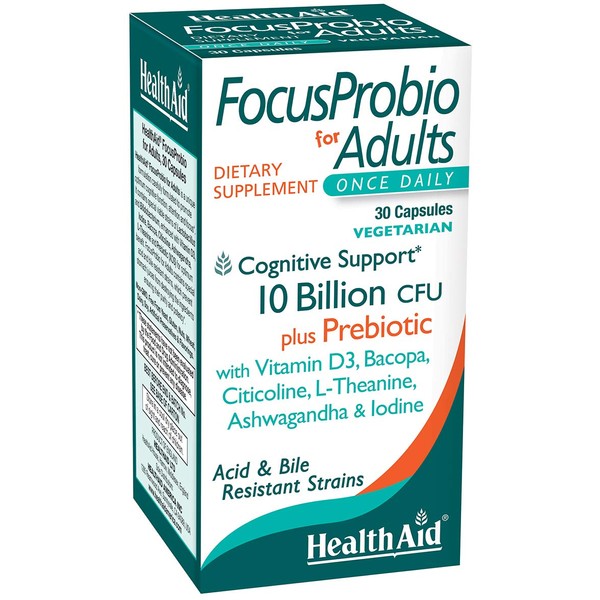 AdultFocus Probio 10 Billion CFU with prebiotic, Cognitive Support, Once Daily, Contains Vitamin D3, Ashwagandha, and Iodine, Acid & Bile Resistant Strains, Vegetarian