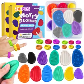 TGEXYI 24PCS Piedras Sensoriales Texturizadas y Anillos Fidget para Niños, Juguete Sensorial, Fidget Toys, Alivio de Ansiedad, Juguetes Antiestrés, para Clases,Casa,Regalos Cumpleaños