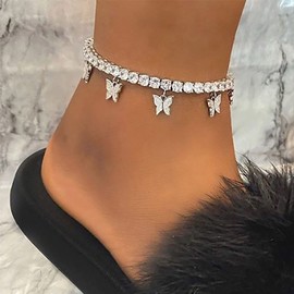 TseenYi Cz Tennis Butterfly Anklet Bracelet Silver Rhinestone Chain Anklet Butterfly Pendant Cz Ankle Bracelet Butterfly Tassel Anklet Sparkling Cz Anklet Beach Foot Chain Jewelry for Women and Girls