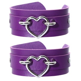 Manfnee 2Pack Punk Goth Bracelet for Man Women Leather Heart Metal Studded Cuff Wide Wristband Purple