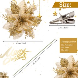 Yuxung 30 Sets Christmas Flowers Poinsettia Flowers Decorations Glitter Xmas Tree Flower Wedding Floral with Clips and Stems for Christmas Wedding Party Floral Decorations(Gold)