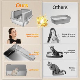Amniau Stainless Steel Jumbo Open Cat Litter Box, XXXL 28"x20.5"x14" for Large Cats & Multi-Cat Households, Anti-Leakage High Walls & Non-Slip Base, Non-Sticky, Easy Clean Durable Metal Litter Pan