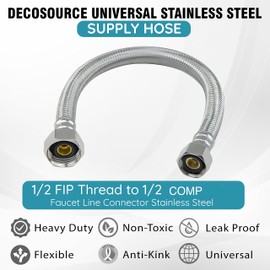 DecoSource Universal Stainless Steel Supply Hose for Faucet 1/2 Inch Comp x 1/2 Inch FIP Female Faucet Line Connector - Hot & Cold Water Supply - Laundry/Kitchen Sink (1 Pair, 16 Inch Long)