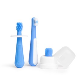 Ubbi Grow with Me Toothbrush Training Set for Babies and Toddlers, Includes Silicone Finger Brush, 360° and Soft Bristled Toothbrush, Polaris Blue
