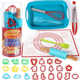 Kids Cooking & Baking Sets Real, Toddler Kitchen Toys, 24 Assorted Cookie Cutters - with Rolling Pin, Silicone Baking Pan, and Non-Stick Baking Mat for Kids Girls Boys Ages 4+