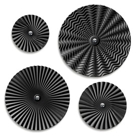 Putuo Decor 12" Black Starburst Wall Art Set of 4, Round Ripple Metal Sculptures in Varying Sizes, 3D Iron Hanging Panels for Modern Living Room Bedroom Office Industrial Interiors
