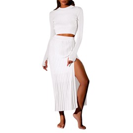 Pink Queen Women's 2024 Fall 2 Piece Outfits Set Knit Crop Top Split Bodycon Midi Skirt Fall Sweater Dresses White S
