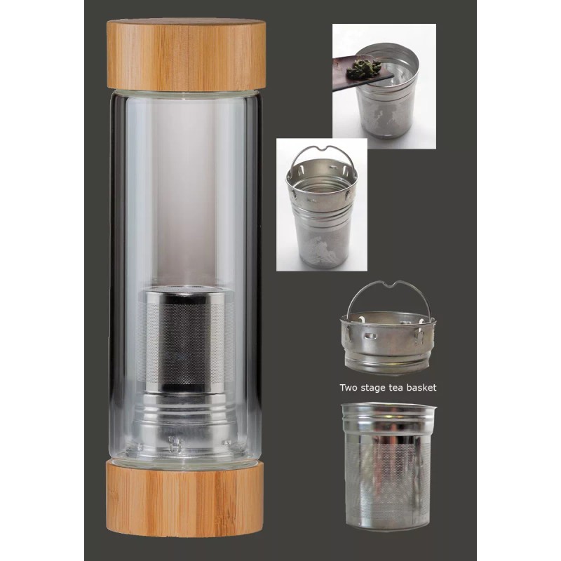 Tryeh Double-Wall Glass Travel Tumbler W/Removable infuser Bamboo lid.