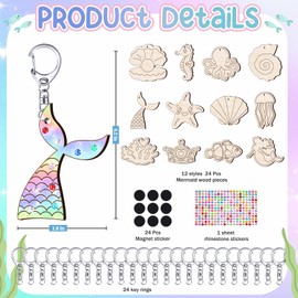 24 PCS Ocean Animals Wood Craft Color Your Own Mermaid Keychains DIY Wooden Blank Wood Cutouts DIY Craft Art Project for Kids Adults Party Decor Summer Home Classroom Gift Activities Party Favor