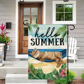 DLZDN Hello Summer Cat Garden Flag Beach Cat Garden Flag 12×18 Inch Double Sided Vertical Burlap Summer Coastal Seasonal Tropical Ocean Yard Flag Outdoor Decoration