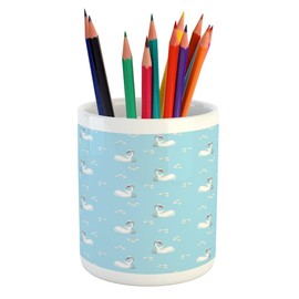 Lunarable Swan Pencil Pen Holder, White Swans and Daisies Pattern Floral Valentines Theme Vintage Style Design Art, Ceramic Pencil Holder for Desk Office Accessory, 3.6" X 3.2", Pale Blue White