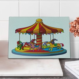 Lunarable Cartoon Cutting Board, Carousel Horses Merry Go Round Amusement Park Roundabout Playground Print, Decorative Tempered Glass Cutting and Serving Board, Small Size, Multicolor
