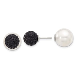 925 Sterling Silver 12mm Imitation Shell Pearl 10mm Black Rhinestone Crystals Stud Earrings