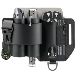 ENNSOO Tool Pouch with Belt Hole, Artificial Leather EDC Pouch, Outdoor Multitool Sheath Belt Organizer, Flashlight Sheath Survival Tool Storage Bag, Black